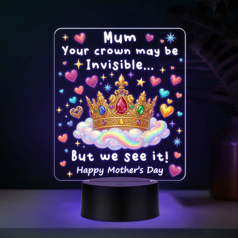 Mom Invisible Crown Quote Acrylic LED Lamp with UV Print – 7 Color Changing Night Light USB Powered Mothers Day Gift